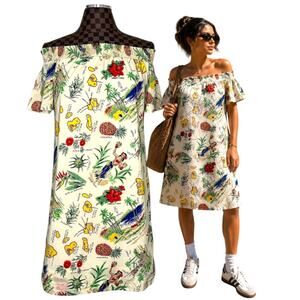 J. Crew Hawaiian Luau Shift Dress Off-the-Shoulder Aloha Polynesian Tiki Size 6